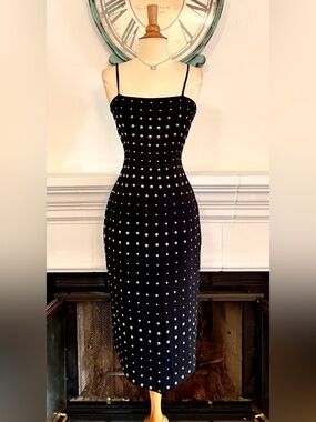 Black Studded Bodycon Midi Dress - Women's Spaghetti Strap